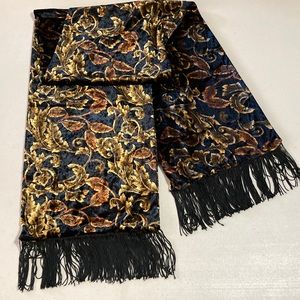 Velvet black and golds, brown, and rust color fringe scarf